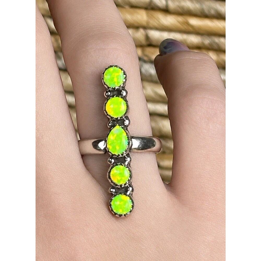 Sterling Silver Neon Green Fire Opal Cluster Ring Adjustable Long Statement 925